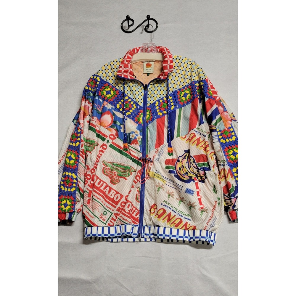 Multicolored Farm Rio Zip Up Jacket With Banana Theme And Crochet Trim Size L